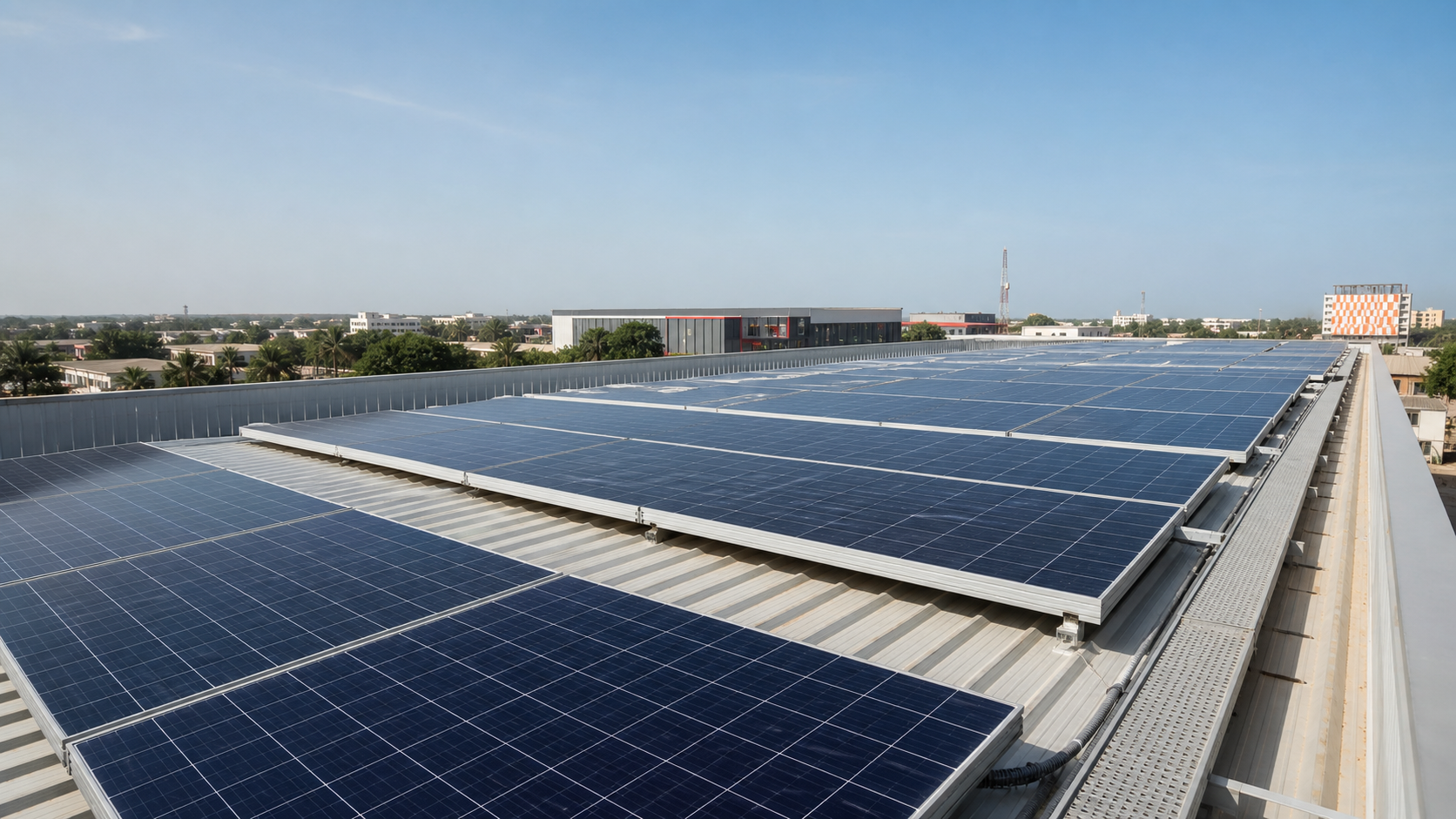 Commercial rooftop solar panels installed across a large industrial warehouse